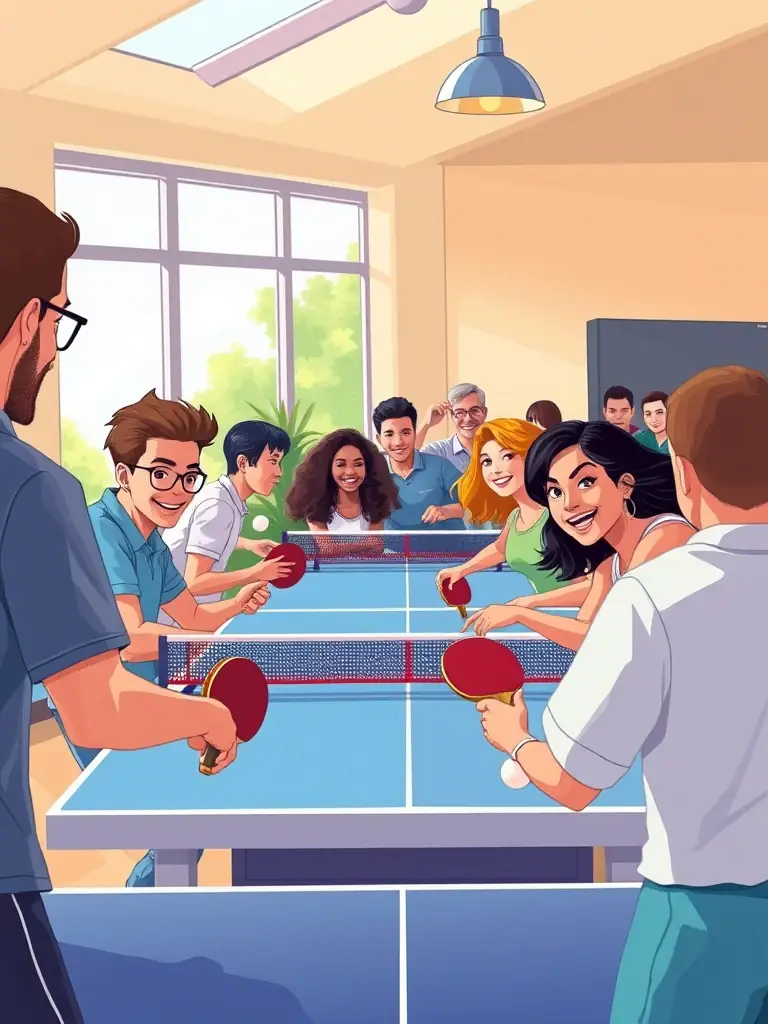 A dynamic shot of diverse club members actively participating in a recreational table tennis session, showcasing the fun and inclusive atmosphere of CPPC.