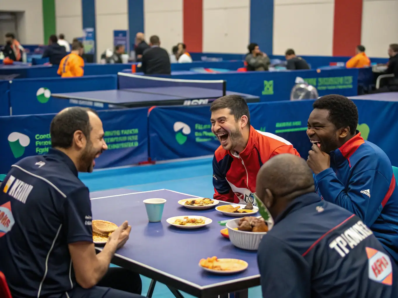 A lively image of players enjoying a casual game at the club's indoor facility, showcasing the recreational table tennis program.