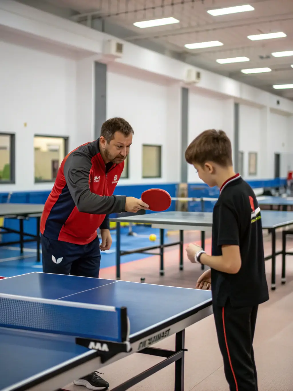 A focused image of a coach providing personalized instruction to a player during a competitive training program, emphasizing skill development.