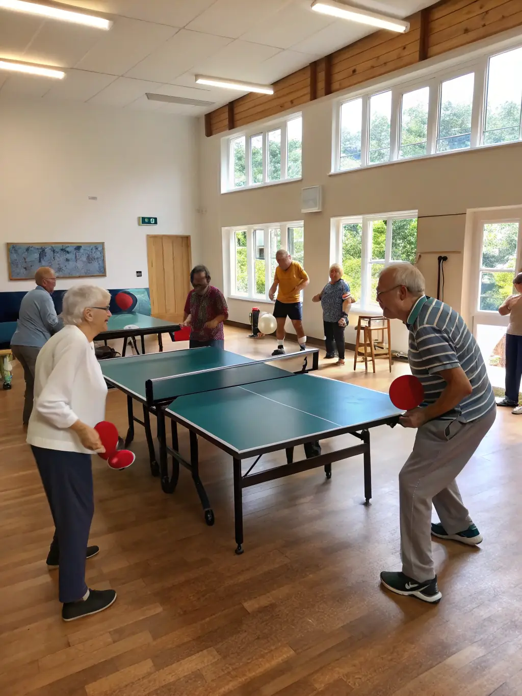 A group of adults enjoying a casual table tennis game at CPPC, emphasizing the social and recreational aspect of the sport.